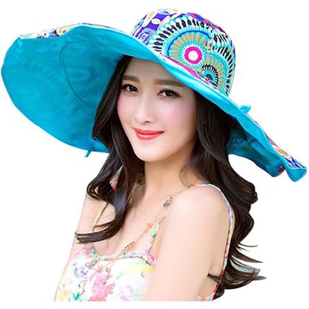 Solhat til kvinder - Pakbar, Vendbar Spandhat med UV-beskyttelse, Bred Skygge, Sommerstrandhat, Blå med Blomster A floral Blue