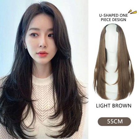 JINKAILI syntetisk peruk Långt rakt hår V-formad lager Perm i ett stycke sömlösa osynliga hårförlängningar