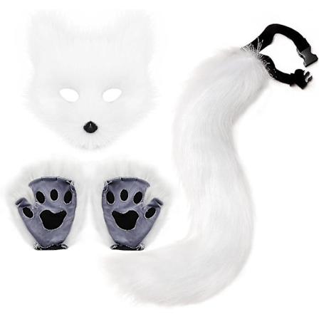 Tekoturkis Kettuhäntä Kissa Susi Cosplay Pukusetti Pehmo Naamio Karvaiset Käpälät Hanskat Halloween Joulu White