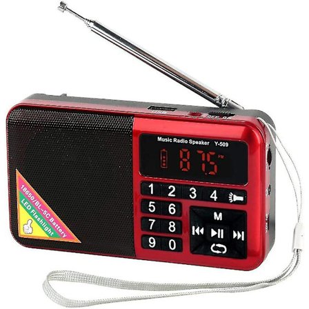 Mini Bærbar FM Radio USB Micro-SD og Indbygget MP3 Afspiller, LED Lommelygte, 1500mAh Genopladelig (Rød)