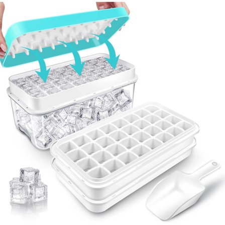 Isbitformer for fryser, 2-etasjers, blå, 64 stk, inkluderer lokk, beholder, skuffe, trykkplate