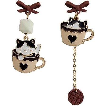 Asymmetriske Katteøreringe med Kop til Kvinder Piger 925 Sterling Sølv Stift Sort Hvid Emalje Kaffe Te Kat Hængeøreringe