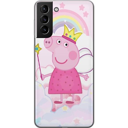 Yhteensopiva Puhelinkuori Samsung Galaxy S21+ 5G Peppa Pig prinsessamotiivi kruunulla, siivillä ja sateenkaarella, satumainen lasten kuvitus pilvitaus