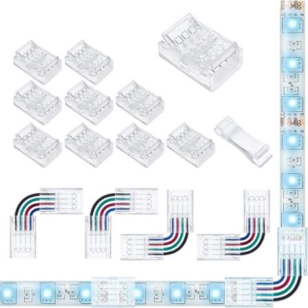 Led-remsanslutningar, transparenta led-ljusanslutningar 4-stifts 10-pack och L-formade 4-stifts led-hörnanslutningar 4-pack för 10 mm breda vattentäta
