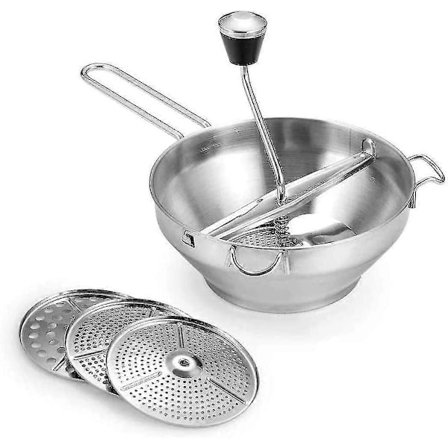 Matberedare i rostfritt stål med 3 malningsskivor och handtag, hållbar skål för roterande matberedning för tomatsås, äppelmos, puré, potatismos, Ja