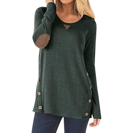 Langermet løs T-skjorte for kvinner med sideknapper, rund hals og albuelapper