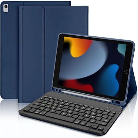 Tastaturcase - E.F.CONNECTION - til iPad 10,2" (2019/2020/2021) Marineblåt Syntetisk Læder - Bluetooth Tastatur