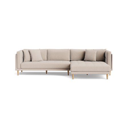 Cali Chaiselong Sofa, Højrevendt - Hygge Beige - 295x170x76cm - Dobbelt Chaiselong Sofa m/Bøgetræsben & 4 Pyntepuder - Minimalistisk Design