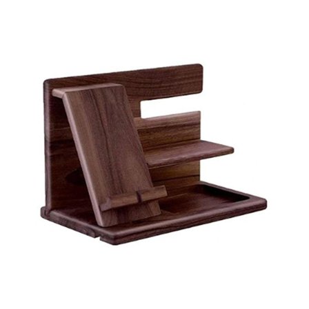 Dockingstasjon i tre for telefon, lommebokstativ, klokker, lommebokholder, skrivebordsorganisator