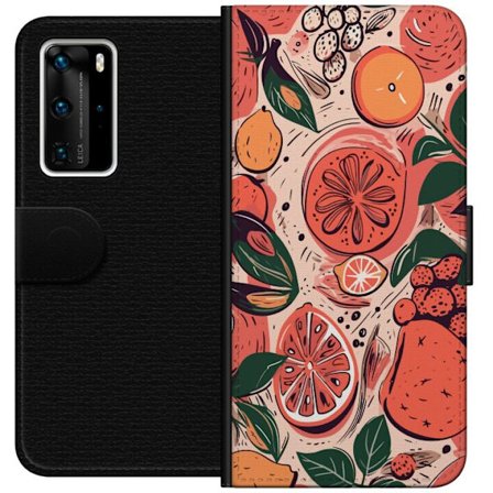 Kompatibel Tegnebogsetui til Huawei P40 Pro Håndtegnet collage af citrusfrugter, blade og bær i varm lyserød og orange farveskala