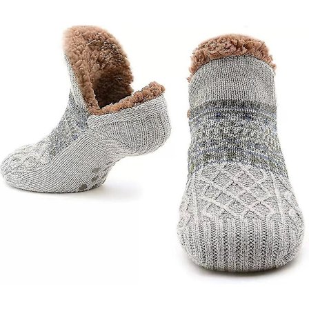 Sokker med antiskli for menn og kvinner, myke sokker med gripere, fleece.L.Grå