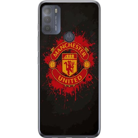 Kompatibelt Mobildeksel til Motorola Motorola Moto G50 Manchester United logo i rød og gul farge med røff sportslig bakgrunn