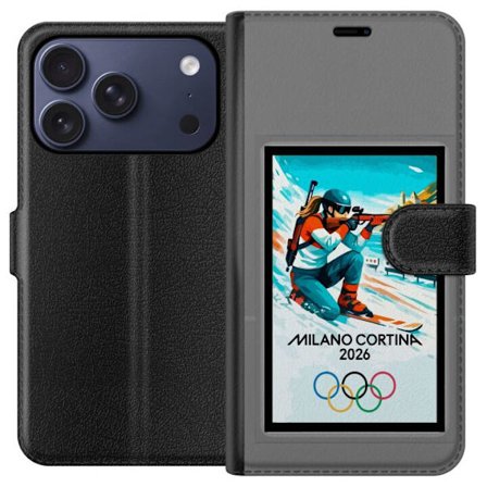 Yhteensopiva Lompakkokotelo Apple iPhone 17 Pro Retrojuliste Cortina Milano 2026 vuorilla, talviurheilijoilla, italiankoloreilla, Milanon tuomiokirkol