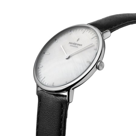 Nordgreen Scandinavian slim analog women's watch - Silver Case - Silver Dial - 28mm Black Leather Watch Band Native White Dial