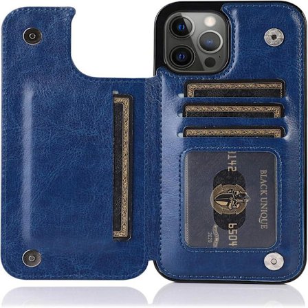 Passer for iPhone 14 Pro Max lommebokdeksel - PU-lærdeksel, med klips, feste og dobbel magnetlås - avansert lommebokdeksel (blå)