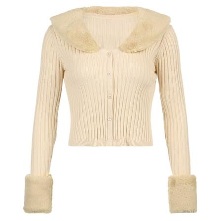 Dam flickor Stickad tröja Pälskrage Enfärgad Mode Slim Fit Slimming Cardigan Yellow L