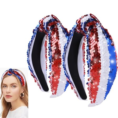 4. juli Pandebånd 2-pak - Patriotiske røde, hvide og blå paillet hår accessories, Independence Day hårbånd til kvinder og piger, Spa