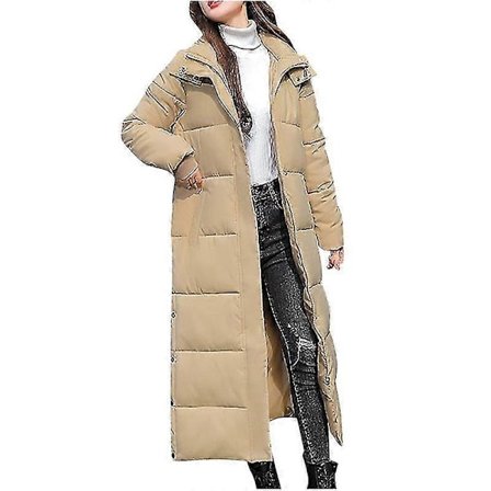 Enkel dunjakke for kvinner, lang pufferjakke med hette, vattert vinterfrakk