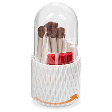 360° Makeup Børste Organizer med Låg - Makeup Opbevaringsboks - Makeup Display Stand - Kan Opbevare Børster, Læbestift og Eyeliner - 11 x 23 cm - Hvid