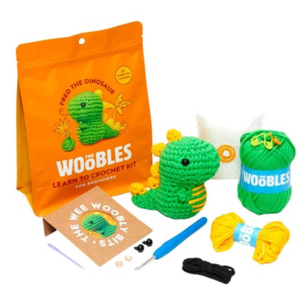 Woobles Heklesett for nybegynnere i Simple Pea-garn, som sett på Shark Tank Penguin Dinosaur