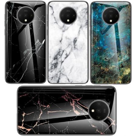 Oneplus 7t Marmorskal 9h Härdat Glas Baksida Glassback V2 Black Svart/guld