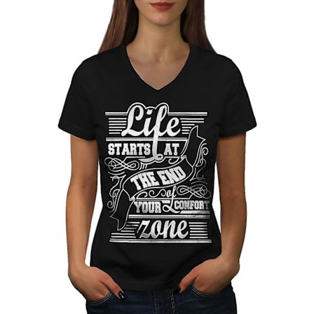 Life End Confort Slogan Dam T-shirt med svart v-ringad hals
