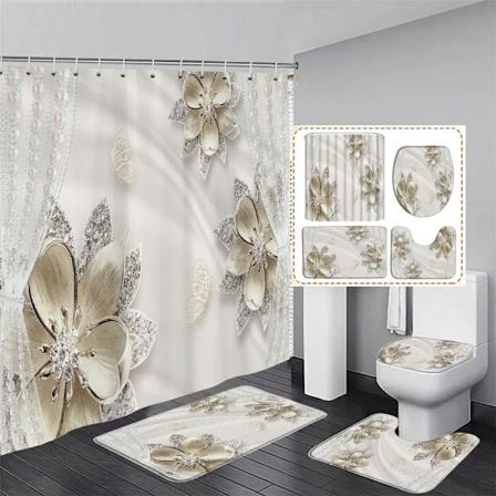 Elegant og fashionabel fantasiperler og diamanter Buket 3D-stil bruseforhæng med bademåttesæt Hjem badeværelsesindretning 3619SD -4pcs Sæt W180xH230cm