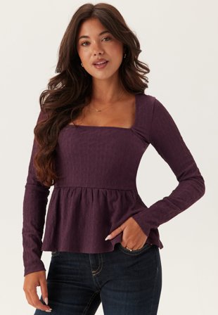 BUBBLEROOM Square Neck Peplum Top Dark wine-red M