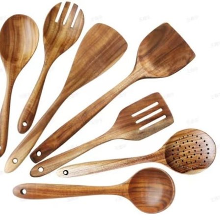7-delt Køkkenredskabssæt med Stativ, Køkkenredskaber i Træ til Madlavning, Træredskaber Naturligt Teaktræsskeer til Madlavning, Træ Køkkenredskabssæt