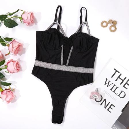 Koltailace Söt flicka Typ Uniform Frestelse Sex Underkläder Fri glans Utsmyckning Bälte Kroppsformande Jumpsuit black M