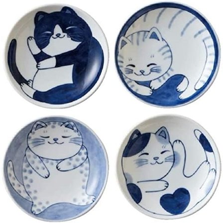 Japanskt litet tallriksset keramik söta katter design förrätt dessert sushi sås skålar, 10 x 2 cm, set med 4