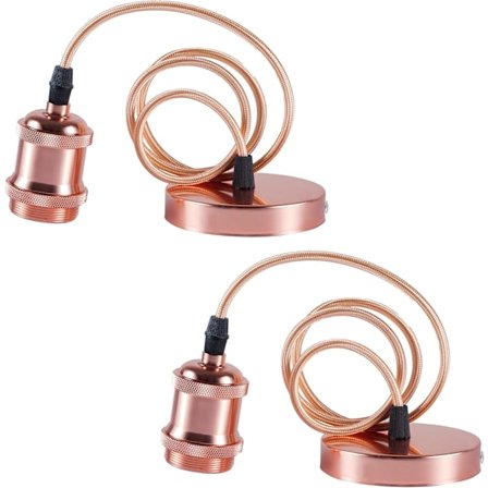 2 Pakning E27 Vintage Pendellampefeste i Antikk Messing med Jordledning og 90cm Flettet Kabel, Rosegull