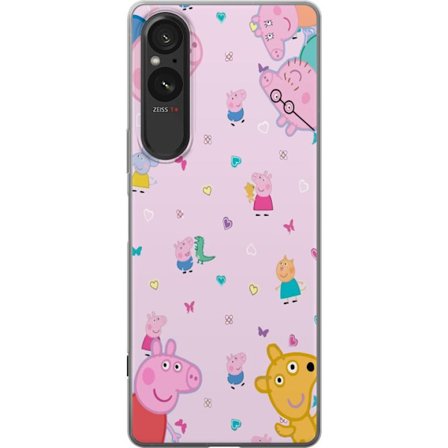 Kompatibelt Mobildeksel til Sony Xperia 10 VI Peppa Gris med en baby i armene, mamma gris motiv i fargerik og myk barneillustrasjon med hjerter