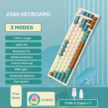 ZA68 Langaton Mekaaninen Peli-näppäimistö 2.4G Bluetooth TYPE-C Langallinen 3 Tilaa Hot Swap RGB Taustavalo 68 Näppäintä