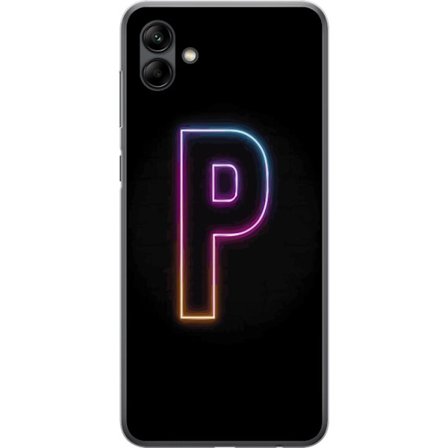 Kompatibel Mobilcover til Samsung Samsung Galaxy A05 Minimalistisk neonbogstav P i farvegradient og lyseffekt mod sort baggrund i digital neonstil