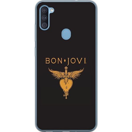 Kompatibelt Mobilskal till Samsung Samsung Galaxy A11 Ikonisk musikillustration med bevingat hjärta och dolk i guldtoner på mörk bakgrund, kraftful