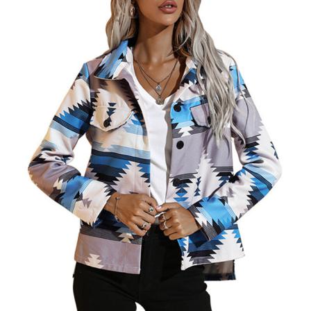 Geometriskt Print För Damer Med Långärmad Lapelhals I Ylle Ytterkläder