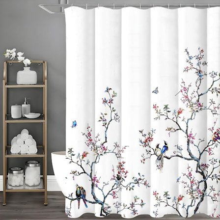 Vit fågel extra långt duschdraperi 180 cm × 180 cm Draperi Blommigt Fjärilstyg Badrum Anti-mögel Vår Tvättat Duschdraperi