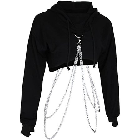 Dame Svart Langermet Pullover Crop Top Hettegenser Sweatshirt Club Party