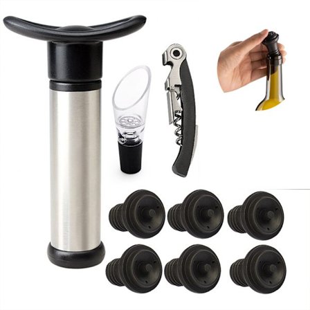 Wein Vakuumpumpe mit 4 Stopfen - Weinflaschenverschluss für Lange Haltbarkeit, Silber-schwarz