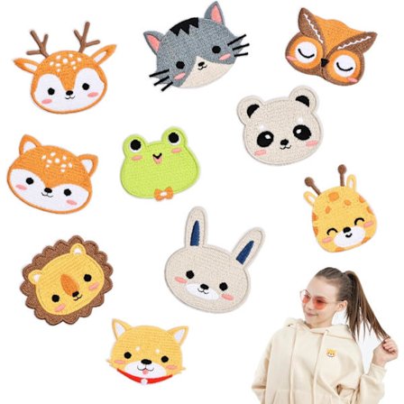 10 stk. dyremerker til å stryke på, assorterte broderte tegneseriedyrmerker, symerker for barneklær, kjoler, hatter, jeans, jakker, ryggsekker, skjerf