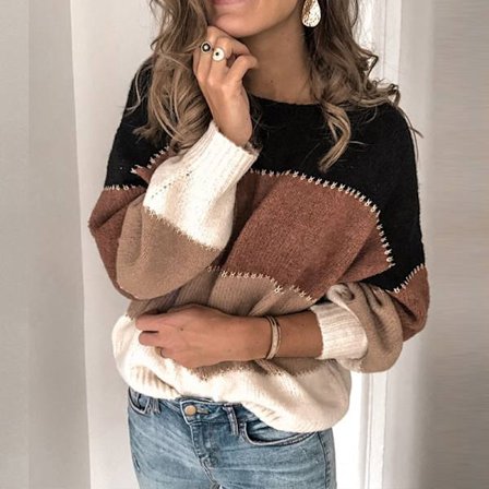 Oversized fargeblokkgenser for kvinner med løs stripe tykk genser Khaki