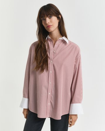 GANT Damen Oversized Bluse mit Kontrastkragen und Streifen (44) Braun