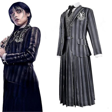 Kvinne Wednesday Addams Kostyme Nevermore Uniform Skjorte Jakke Sløyfe Parykk Antrekk
