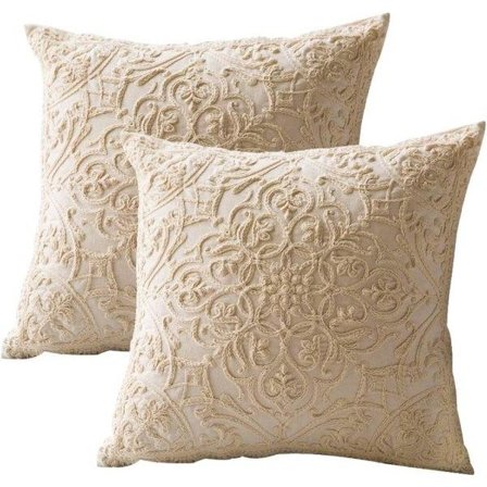 Broderi pudebetræk Firkantet etui 100 % bomuld med lynlås til hjemmet 20x20 tommer (50x50 cm) (beige, 2 stk)