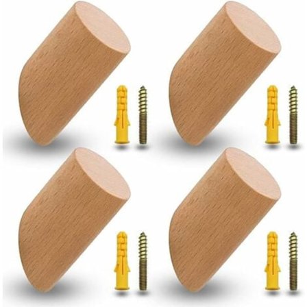 TS-Sæt med 4 knager i bøgetræ, træknager, kroge, vægkroge med 4 skruer og ekspansionsrør til kontor, køkken, hjem, tøj (6 cm)