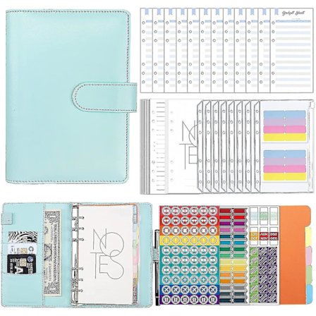 A6 Budsjettmappe med Glidelås-konvolutter, PU-Lær, Påfyllbar Pengesparemappe