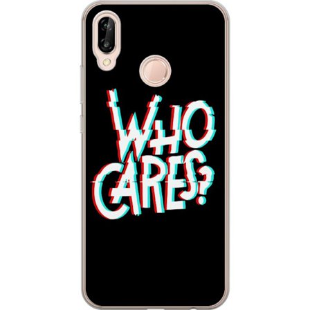 Kompatibel Mobilcover til Huawei P20 lite Glitchtypografi med teksten "who cares" i rødt og cyan på en sort minimalistisk baggrund.