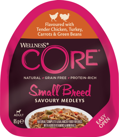 CORE Petfood - Dog Adult Savoury Medleys Small Breed Chicken, Turkey, Carrots & Beans Wet 85 g. - Hund - Hundefôr & hundemat - Våtfôr & våtmat - 