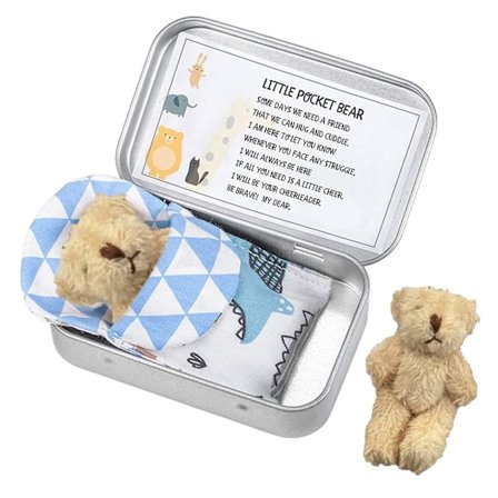 Mini utstoppa bjørn i en tinn lommebjørn for anti-angst stress bekymring, små utstoppa bittesmå bjørner i en eske med kort og tepper for babyshower F